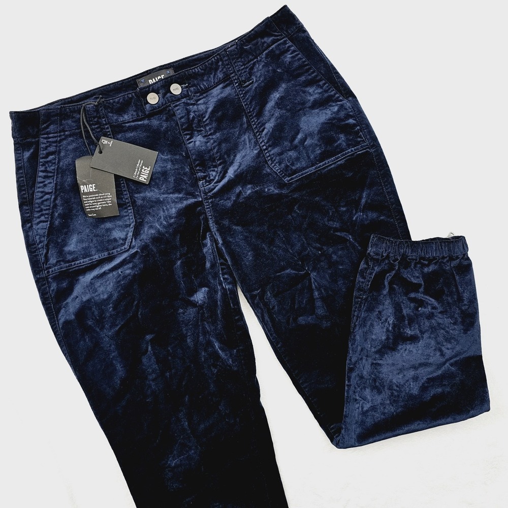 NEW Paige Womens 32 Mayslie Jogger Navy Blue Velvet Ankle Zip Utility Pants - Picture 1 of 14